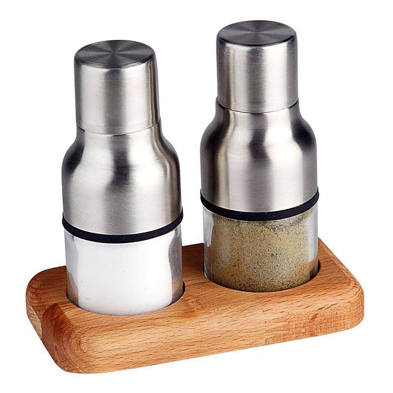 Biradlı GRV-245 Ahşap Altlıklı Tuzluk Takımı, 2'li, 13.5x7.5 cm, Çelik - 1