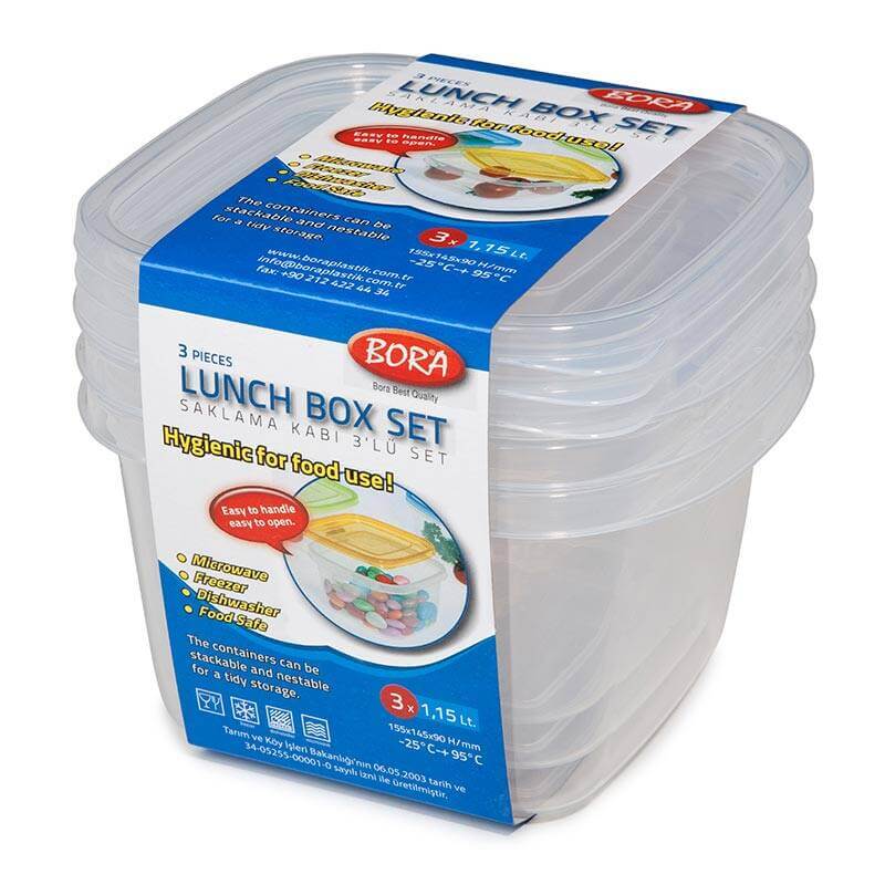 Bora Plastik 3'lü Saklama Kabı, Kare, 1150 ml, Şeffaf - 1